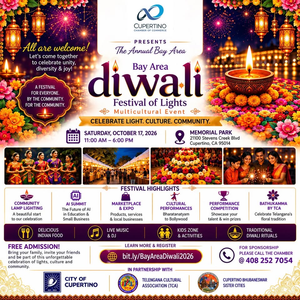 Bay Area Diwali Festival of Lights flyer from the Cupertino Chamber of Commerce, Saturday October 17, 2026 at Memorial Park