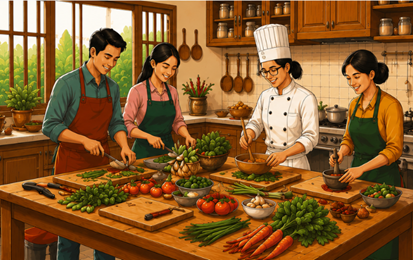 Illustration of friends cooking together in a warm kitchen