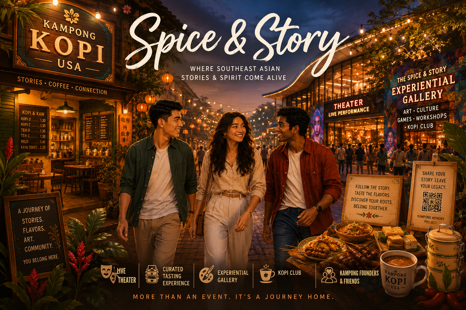 Spice & Story — an immersive evening streetscape of Kampong Kopi, experiential gallery, and Southeast Asian food, stories, and community