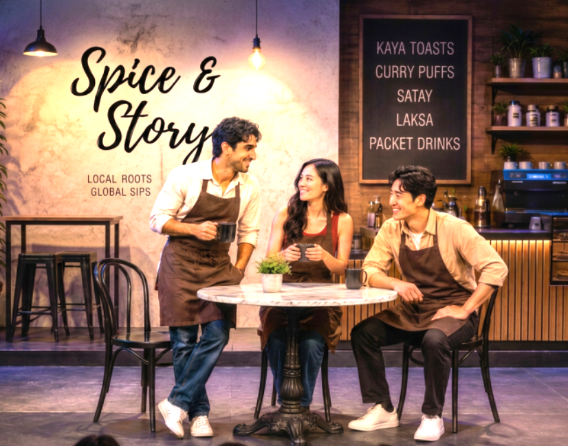 Spice & Story — three friends gathered around a table sharing Southeast Asian food and stories