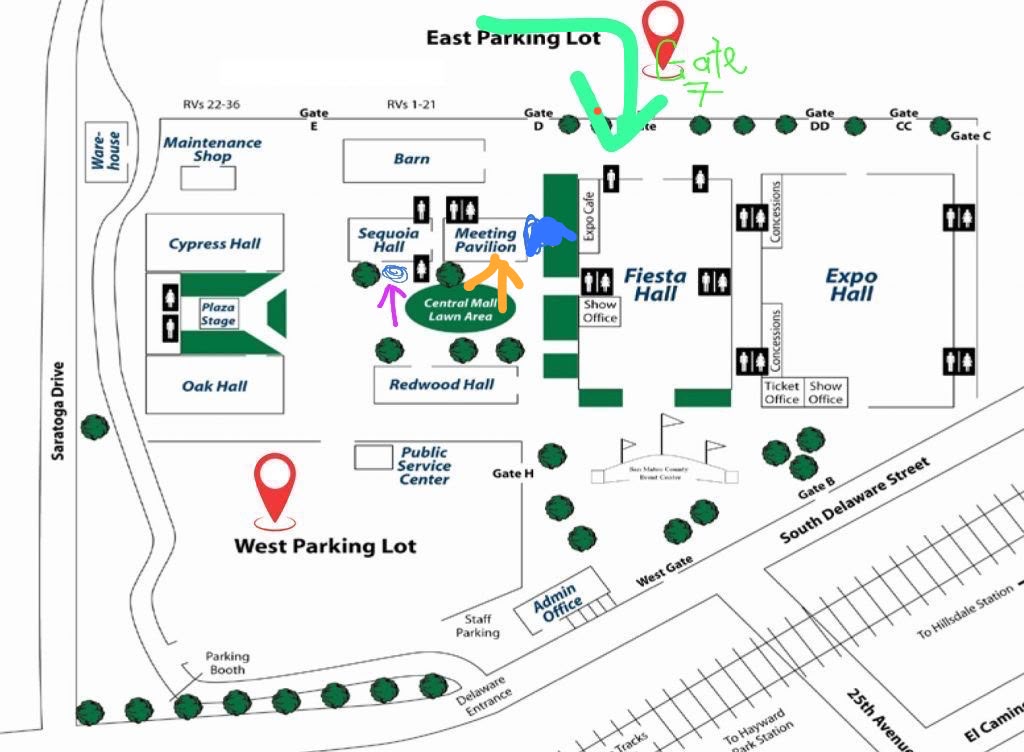 Site map of the San Mateo Event Center showing the Kampong Gallery entrance at Sequoia Hall, the Kampong Kopi theatre entrance at the Meeting Pavilion, main entry at Gate 7, and the East and West parking lots