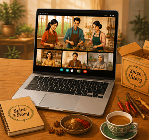 Illustration of a virtual Spice & Story cooking class on a laptop