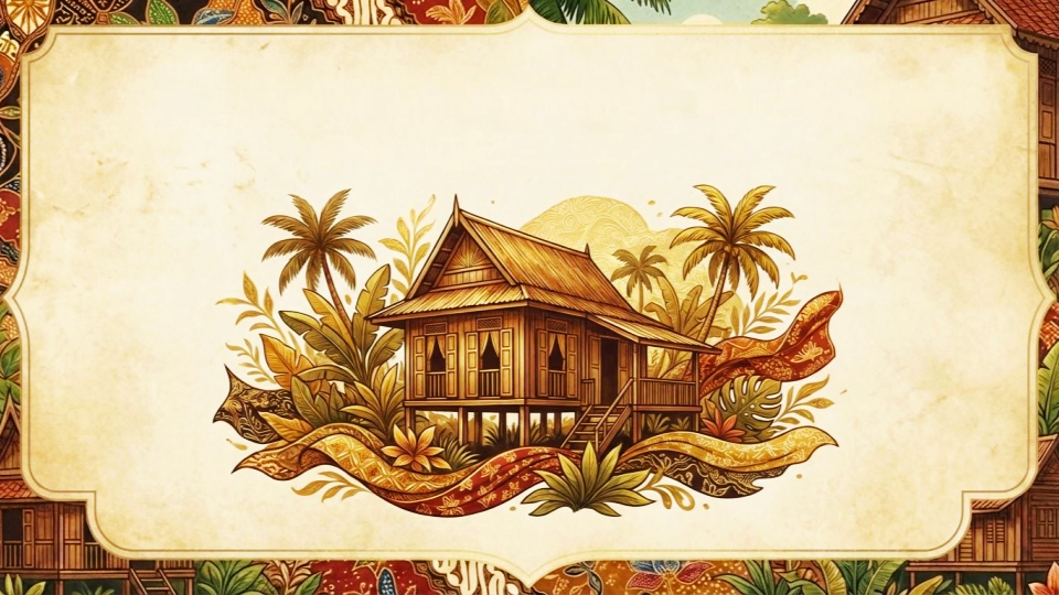 Illustrated kampong house framed by batik motifs