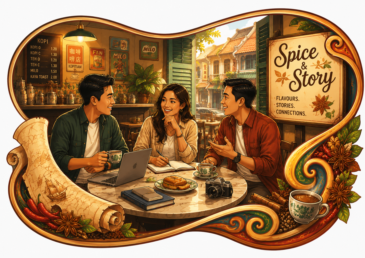Spice & Story — friends gathered at a Southeast Asian kopitiam over coffee, kaya toast, and conversation